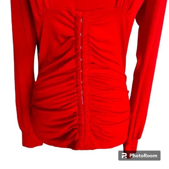 PattyBoutik Red Long Sleeves Rouched Flattering Notch Collar Top - L - Picture 2 of 9